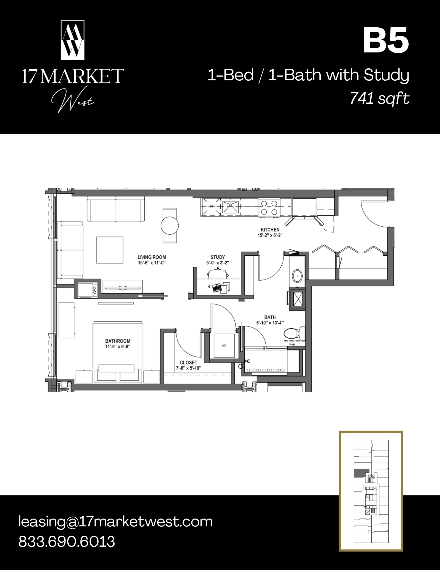 Floor plan for 1 bed, 1 bath, 741 sqft